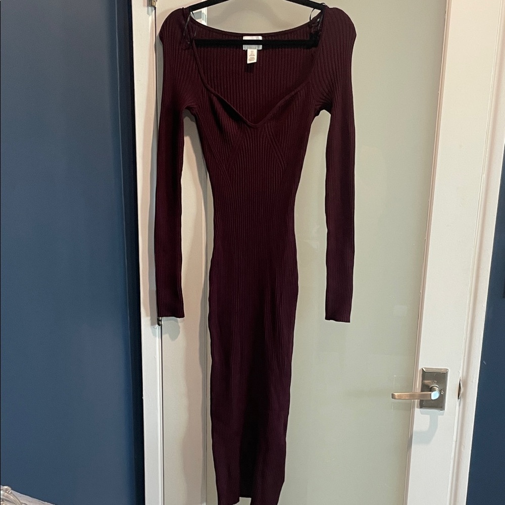 H&M Deep Burgundy Long Sleeve Ribbed Dress